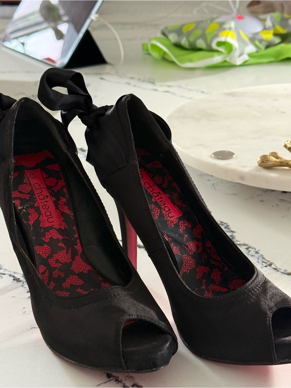 le chateau Black Satin Peep-Toe Heels with Red Patterned Insole
